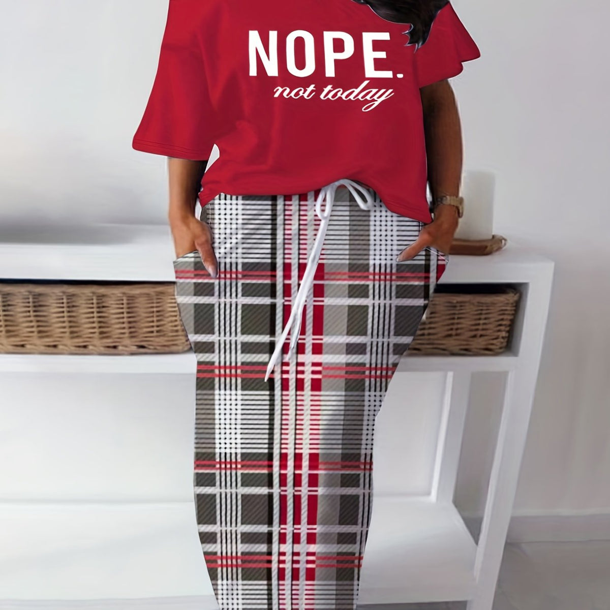  Slogan Print One Shoulder Top & Plaid Print Maxi Skirt Set