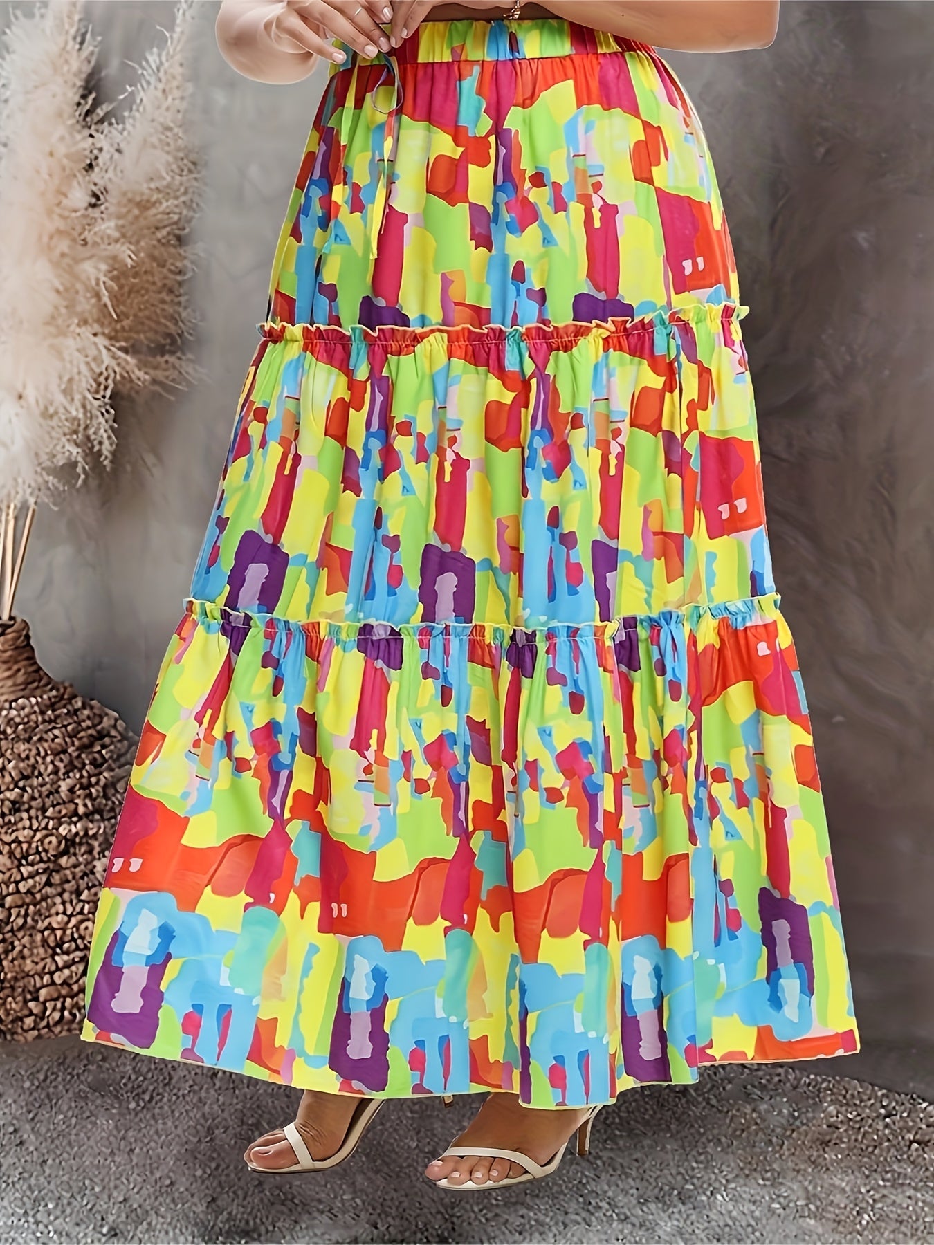 Patchwork Print Boho Skirt Plus Size Smock Drawstring