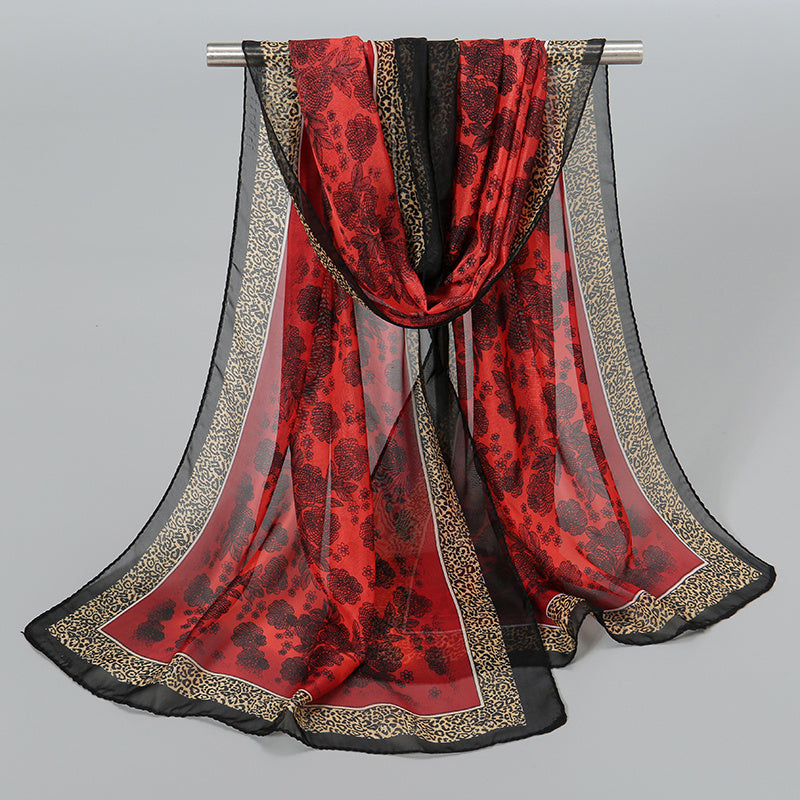 Vintage Chiffon Scarf Boho Floral Print Silk Shawl Outdoor Sunscreen Windproof