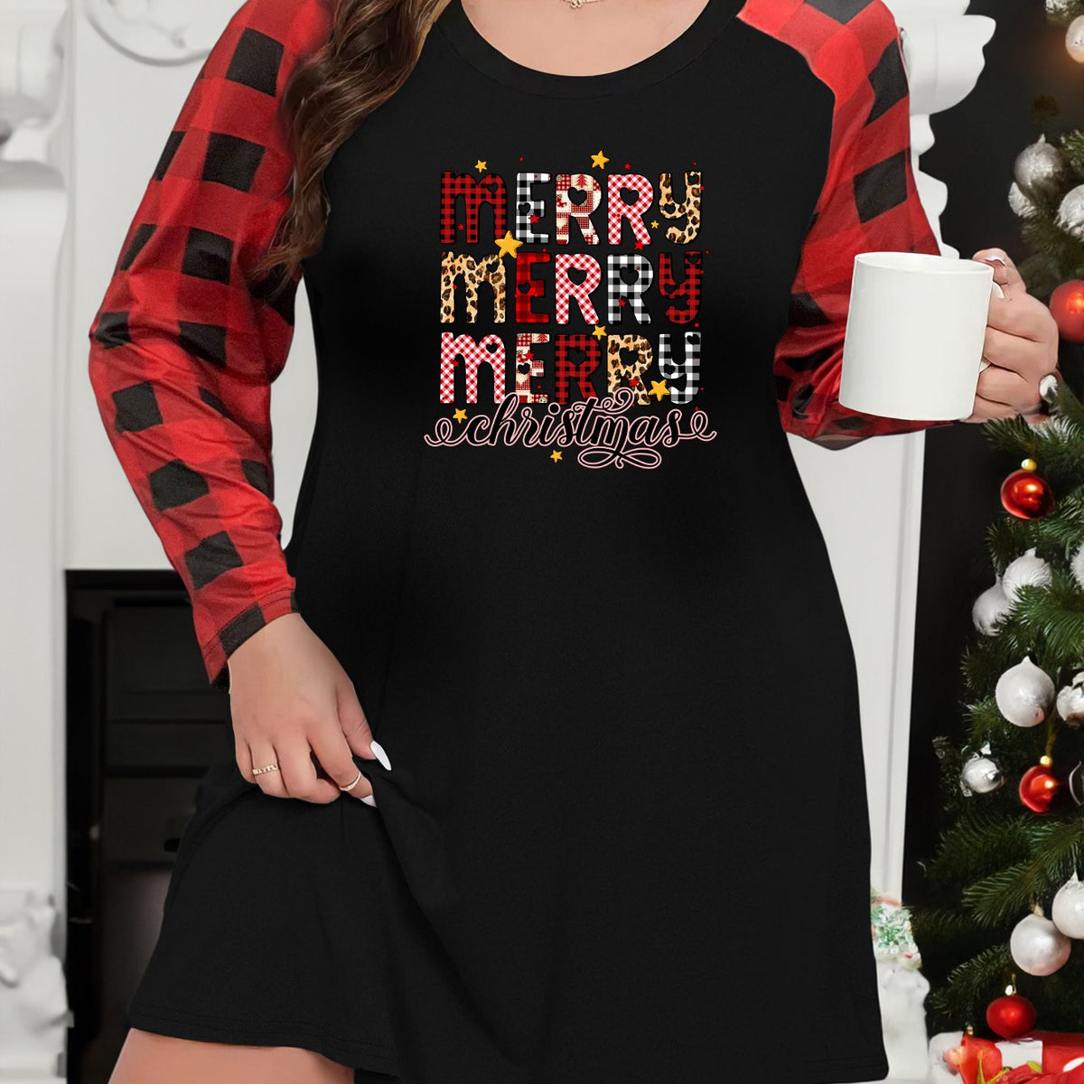  Christmas Loungewear Dress Women's Plus Star & Letter Print