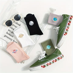 5 Pairs Planet Embroidery Print Socks Women's Mid Tube Stockings