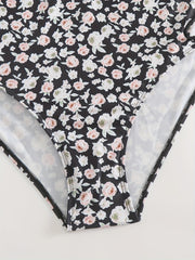  Colorblock Floral Print Lace Up Side One Piece Swimsuit