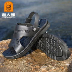 LAORENTOU Men's Leather Non Slip Sandals Wear resistant Comfy Beach Shoes