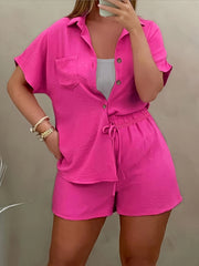  Polo Neck Blouse & Drawstring Shorts 2 Piece Set