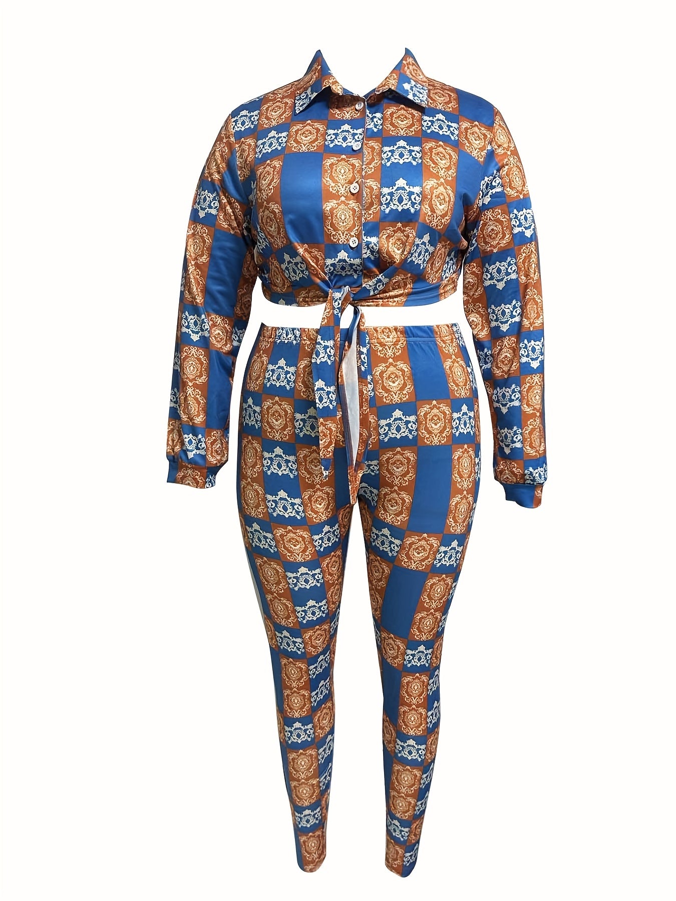  Boho Colorblock Floral Print Top & Leggings 2 Piece Set