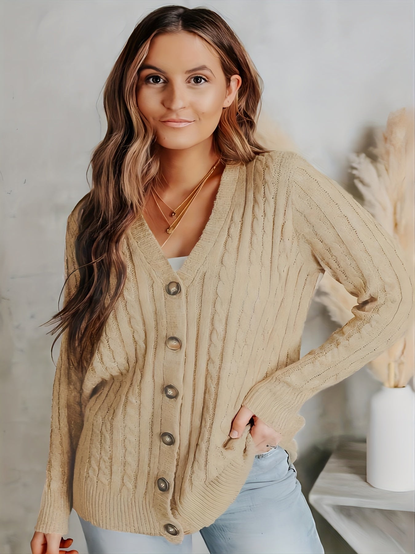  Solid Cable Button Long Sleeve Cardigan