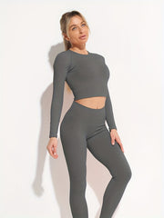 2PCS Women Yoga Set Seamless Workout Gym Long sleeve T shirt & Leggings