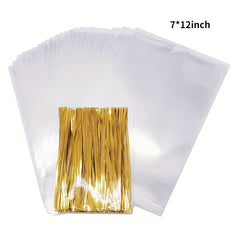 50 Clear Cellophane Treat Bags & Twist Ties for Gift Wrapping & Food Storage
