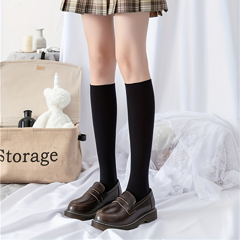 2 Pairs Solid Calf Socks College Style Knee High Socks Women's Stockings
