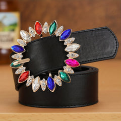 PU Leather Wide Belt Rhinestone Round Buckle Waistband Jeans Coat Girdle