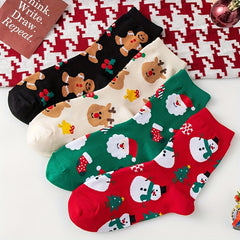 4 Pairs Cartoon Print Socks Comfy & Christmas Mid Tube Socks Women's Stockings