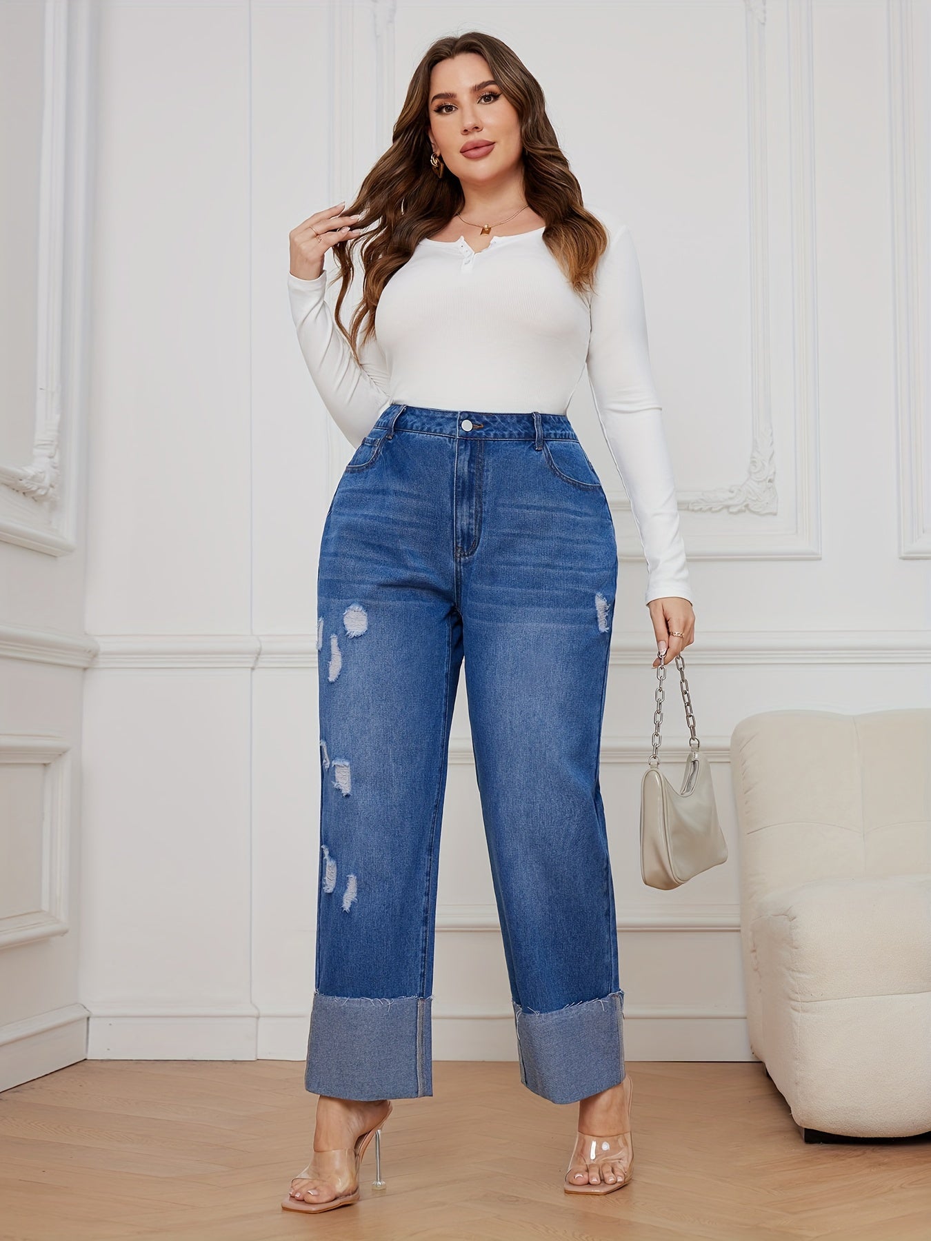 Ripped Button Fly High Rise Straight Leg Jeans