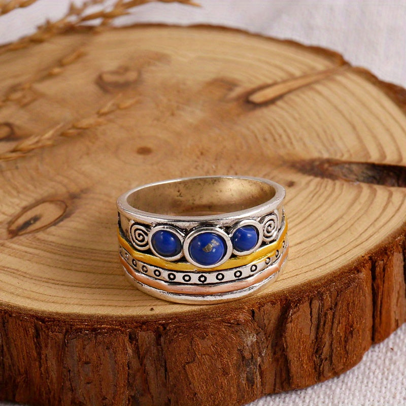 Lapis Lazuli Ring Three Tone Meditation Spinning Band Silver Plated