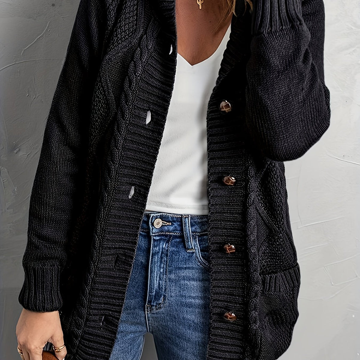  Cable Button Up Hooded Jumper