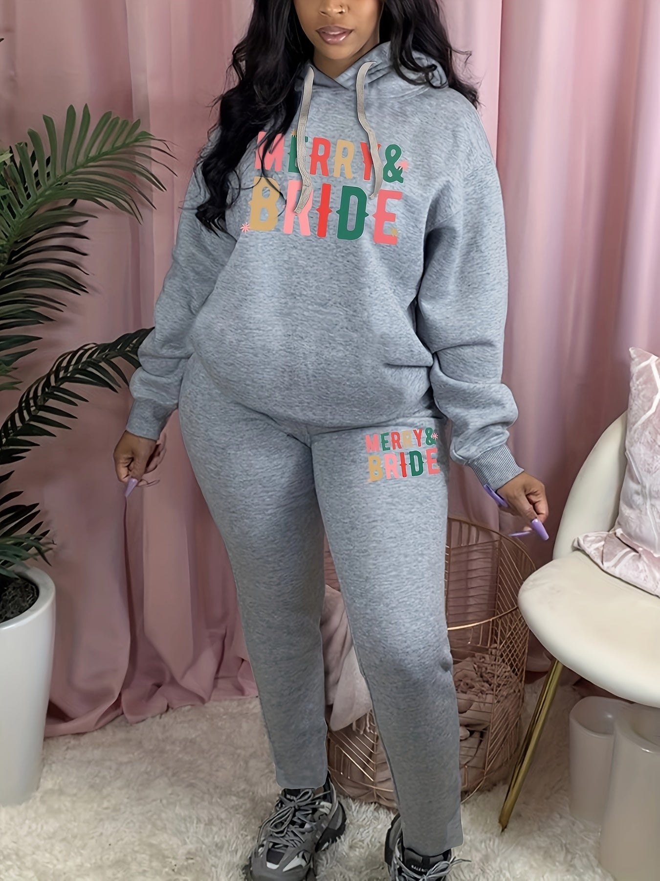Women's Plus Art Letter Print Hooded Sweatshirt & Sweatpants Set