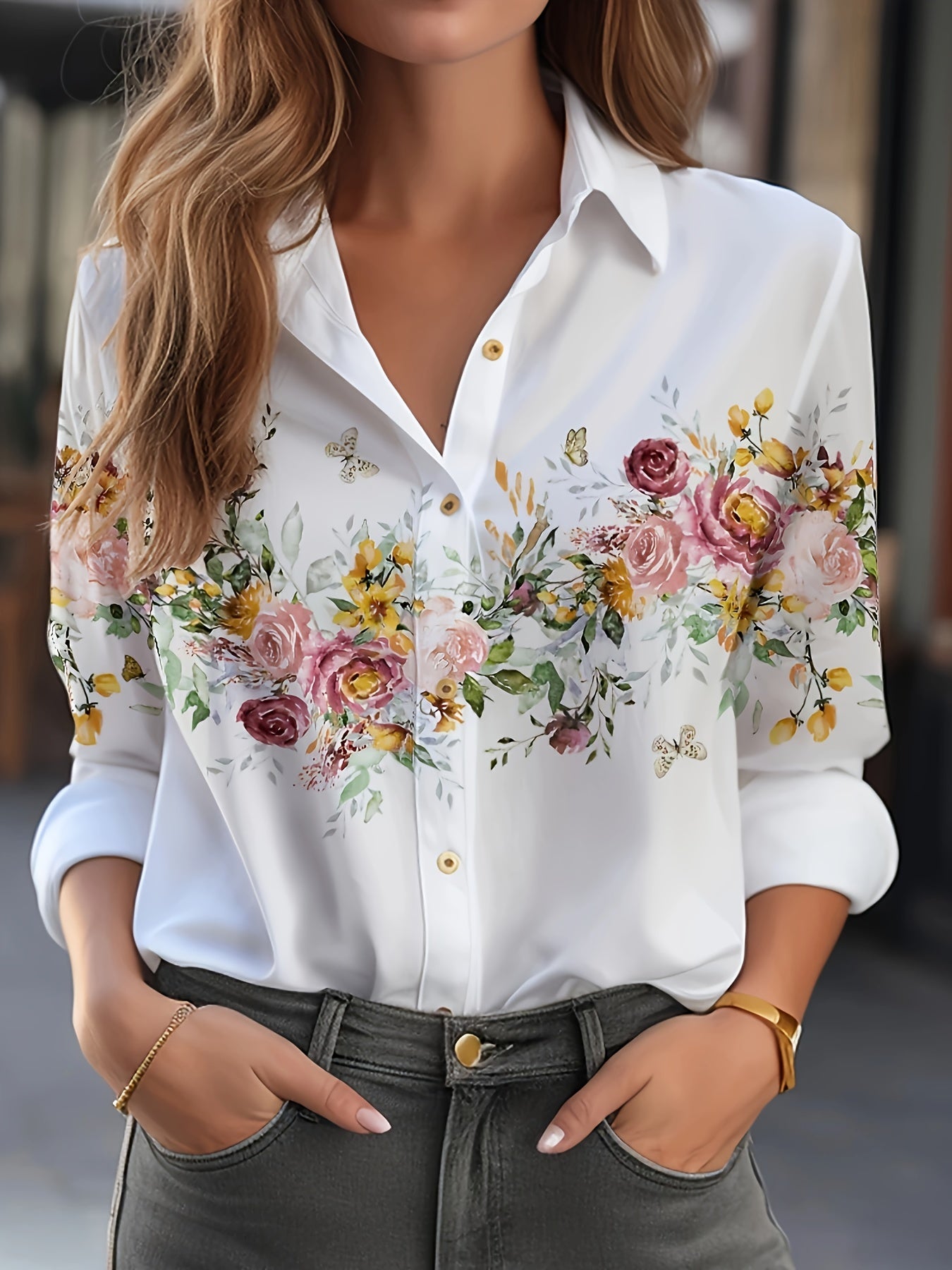  Floral Print Long Sleeve Button Up Collar Shirt
