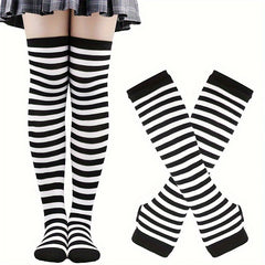 Teenagers Colorful Striped Thigh High Stockings & Fingerless Gloves Set