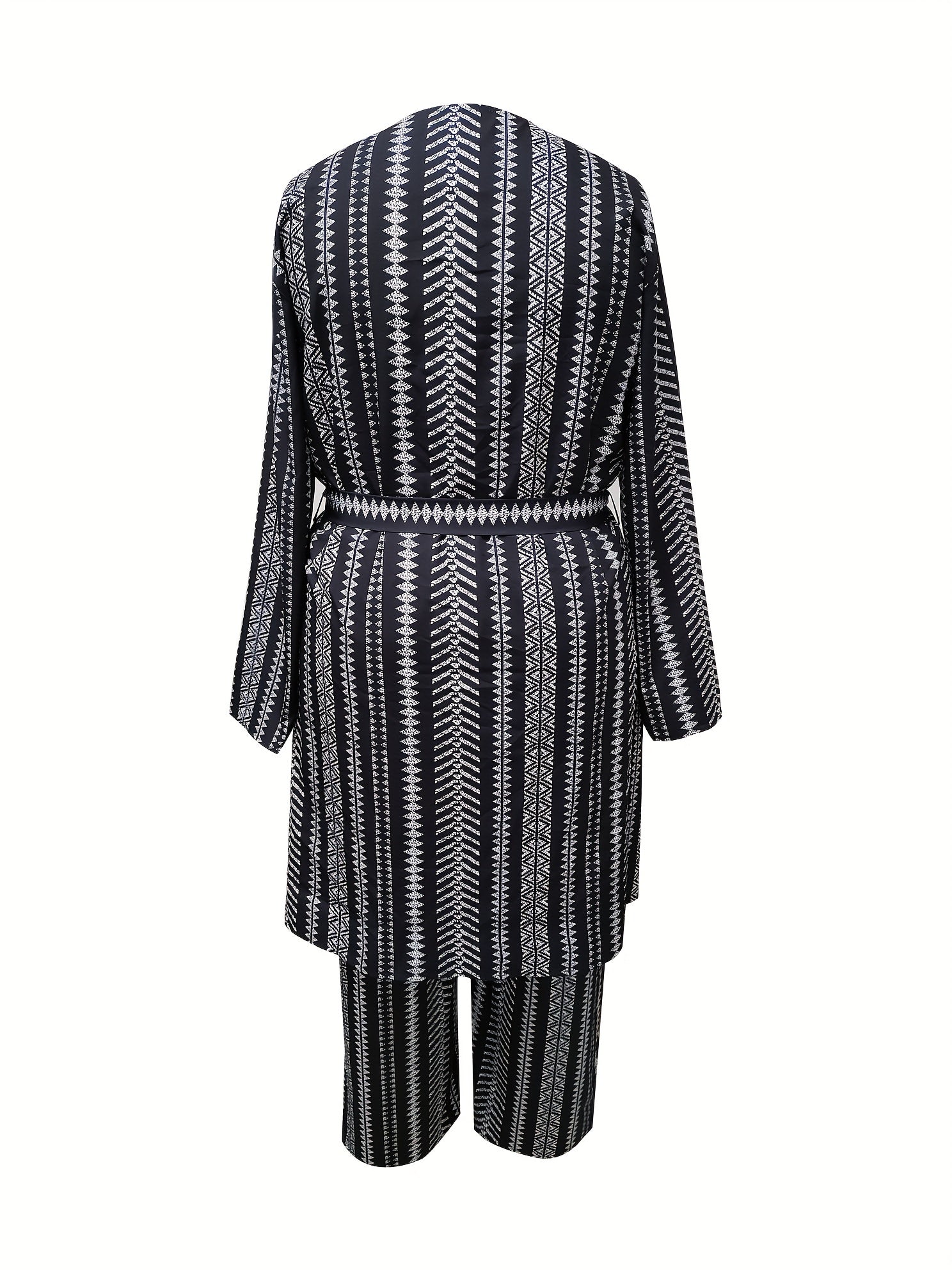  Geo Striped Long Sleeve Coat & Pants Outfits 2 Piece Set