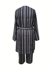  Geo Striped Long Sleeve Coat & Pants Outfits 2 Piece Set