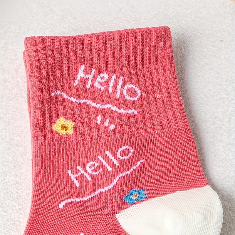 3 Pairs Smiling & Letter Print Women's Crew Socks