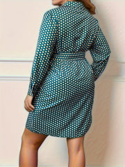  Polka Dot Long Sleeve Belted Dress