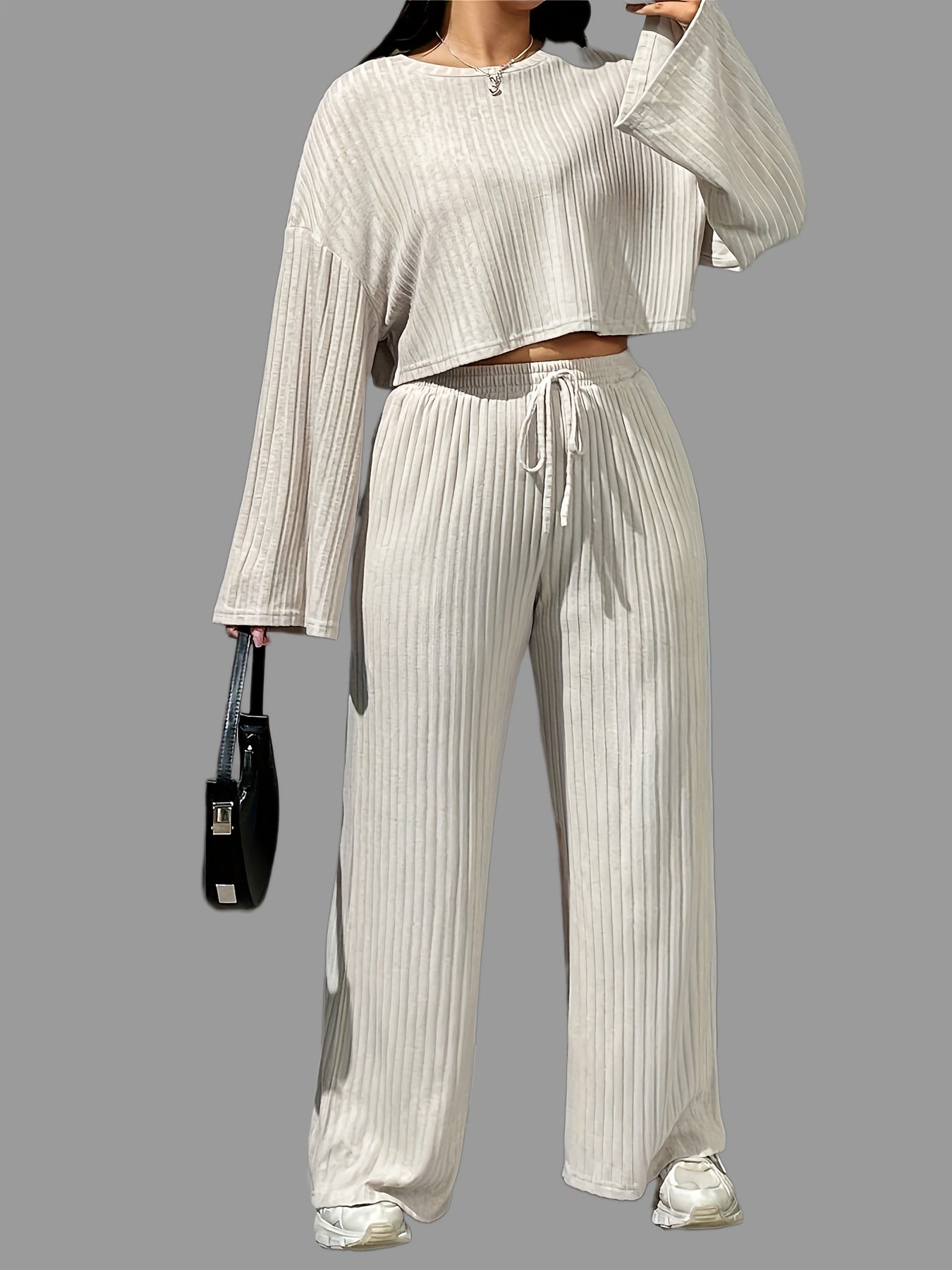  Ribbed Crop Top & Tie Front Pants Set