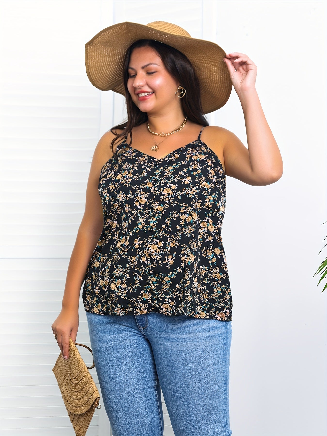  Boho Cami Top Ditsy Print V Neck Backless Beachwear Summer