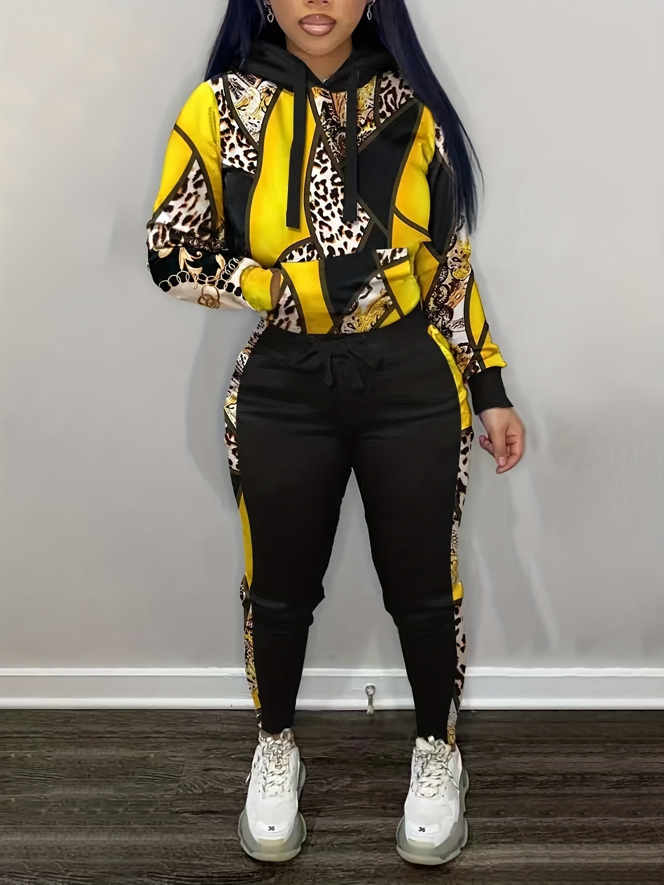  Colorblock Leopard Print Hooded Sweatshirt & Pants Set