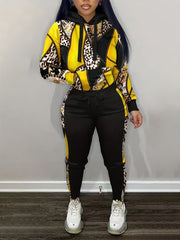  Colorblock Leopard Print Hooded Sweatshirt & Pants Set