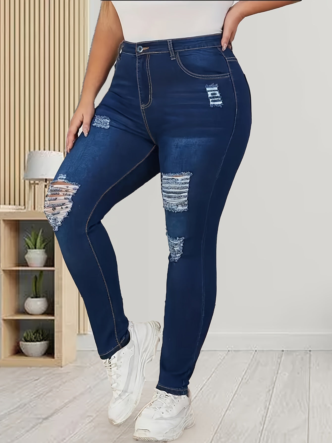 Washed Ripped Button Fly High Skinny Jeans
