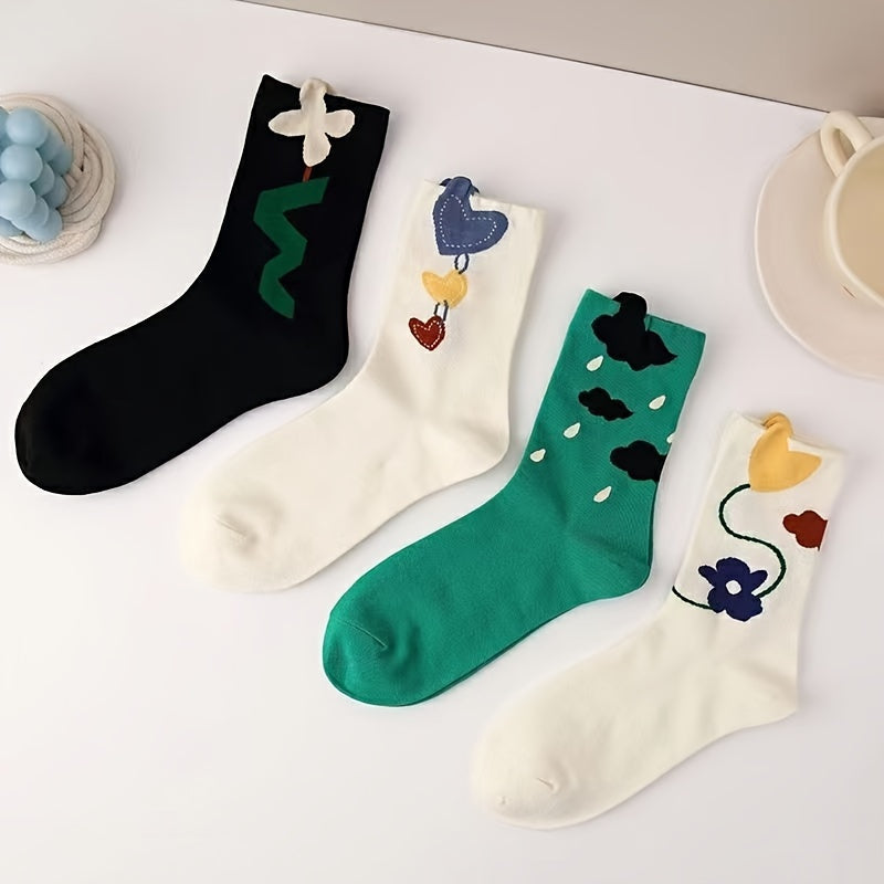 4 Pairs Heart Print Socks Soft Mid Tube Women's Stockings