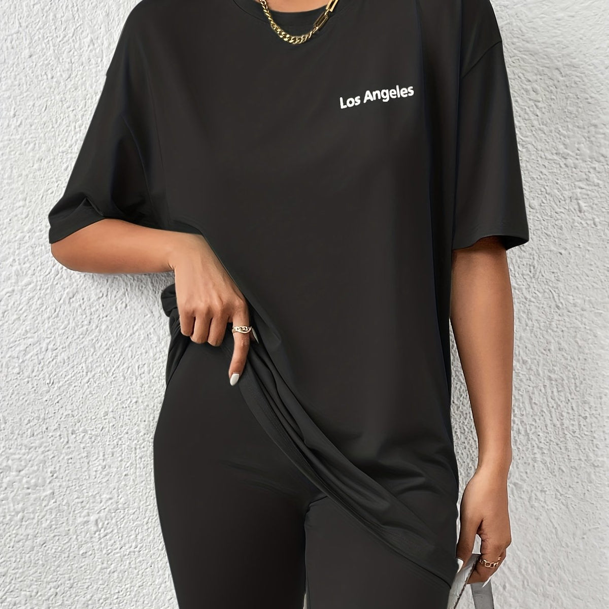 Letter Print Matching Two piece Set Casual Short Sleeve T shirt & Biker Shorts