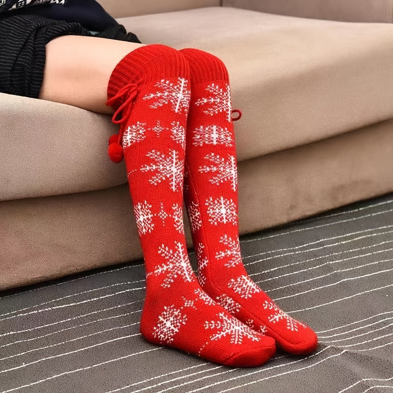 Christmas Knee High Stockings Warm Cotton Knit Socks Red Women's Hosier