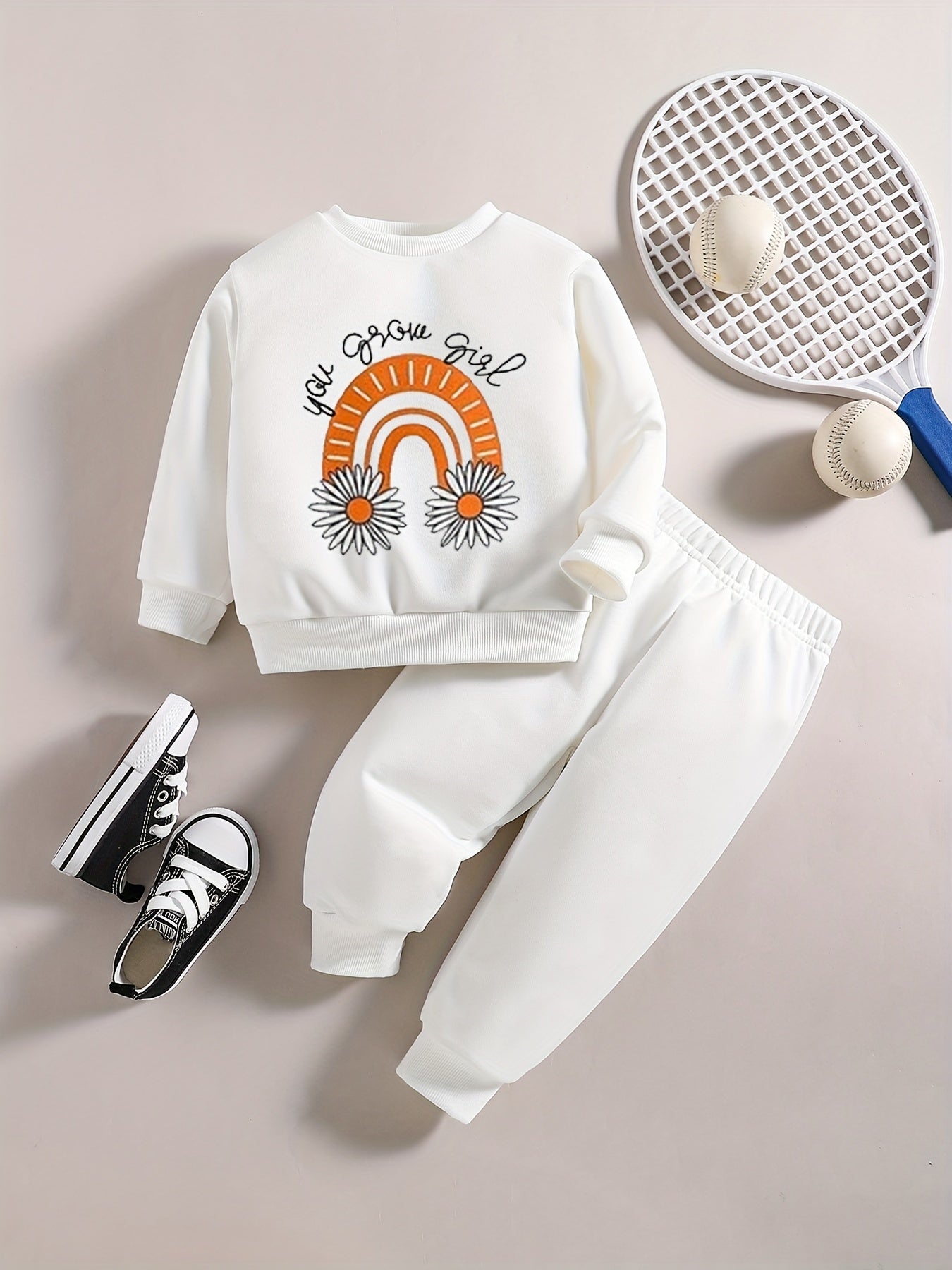 Baby Girl Rainbow Flower Letter Print Sweatshirt Trousers Set