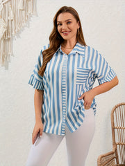  Nautical Stripe Print Button Up Bat Sleeve Shirt