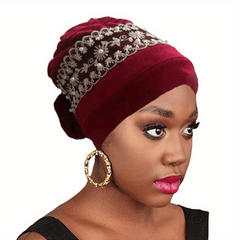 Velvet Lace Turban Cap Faux Pearl Head Wrap