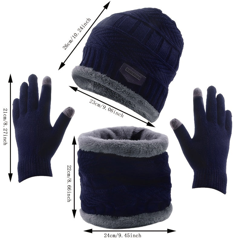 3pcs Unisex Winter Beanie Gloves Scarf Set Warm Touch Screen Retro