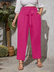  Solid Elastic High Rise Trousers With Belt