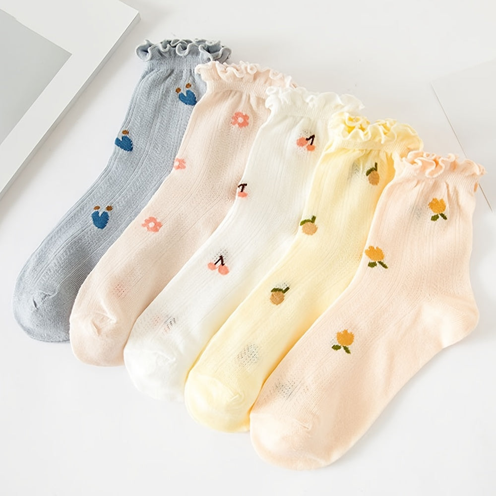 5 Pairs Women's Cotton Ruffle Crew Socks, Multicolor Boot Socks for Christmas
