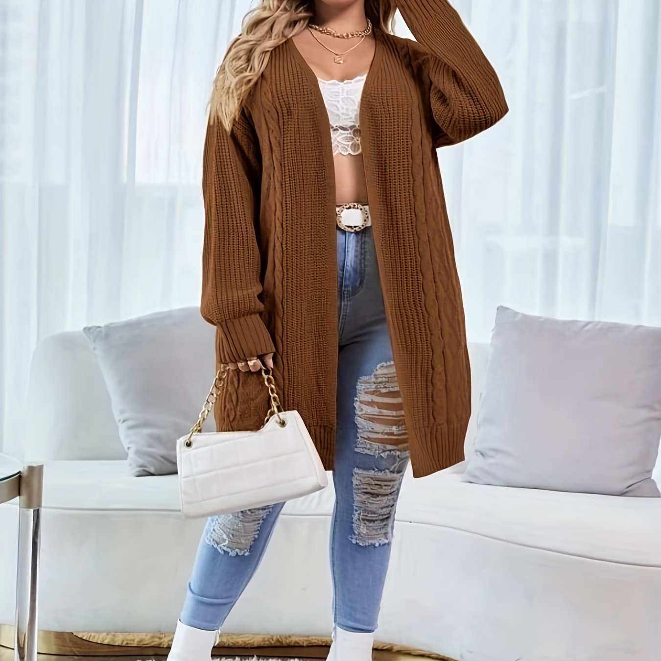  Casual Cardigan Women's Plus Solid Cable Knit Open Front Cardigan