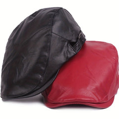 Retro PU Leather Adjustable Beret Duckbill Cap Solid Sun Hats Unisex