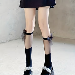 Mesh Stitching Calf Socks Bow Decor Lolita Knee High Socks