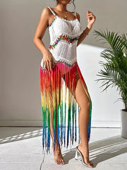 Colorful Fringe Criss Cross Crochet Cover Up Dress Scoop Neck Beach Coverup
