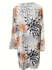  Floral Print Long Sleeve Round Neck High Stretch Dress