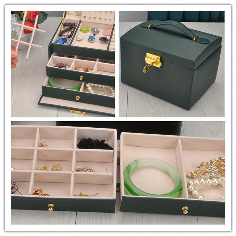 Large Capacity Leather Jewelry Organizer Box 3 Layer Display Case