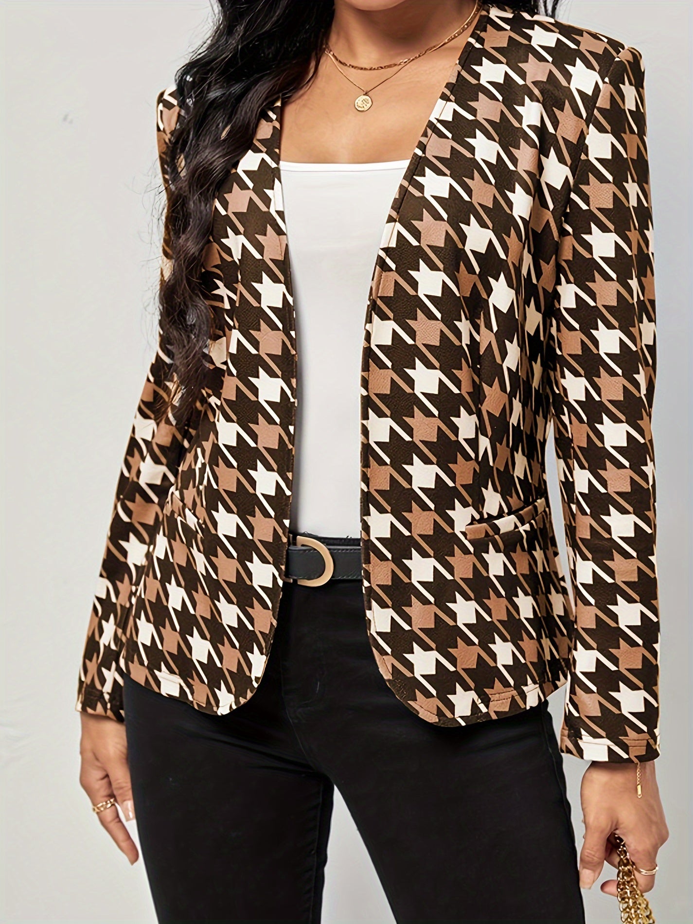  Houndstooth Print Open Front Blazer