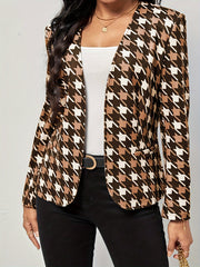  Houndstooth Print Open Front Blazer