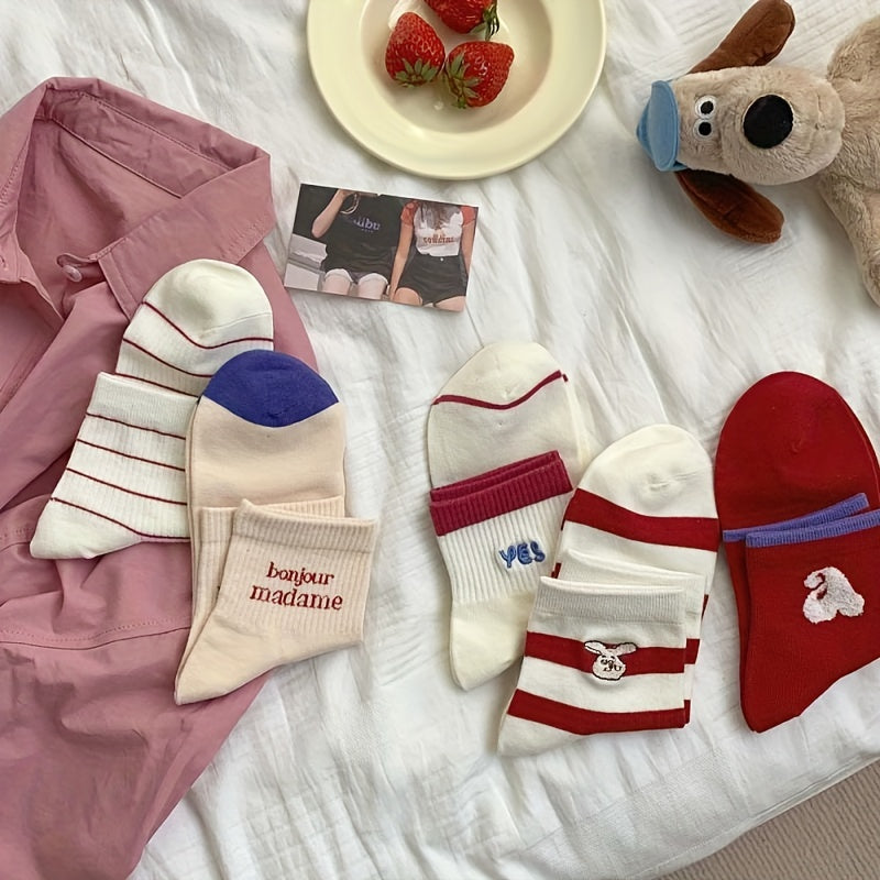 5 Pairs Letter & Striped Socks Women's Stockings