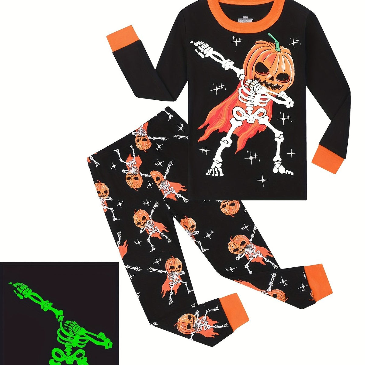 2pcs Halloween Pumpkin Print Boys Pajamas Set Long Sleeve T shirt & Pants