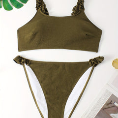  Vacay Bikini Set Plain Frill Trim Padded Bra & Panty Swimsuit